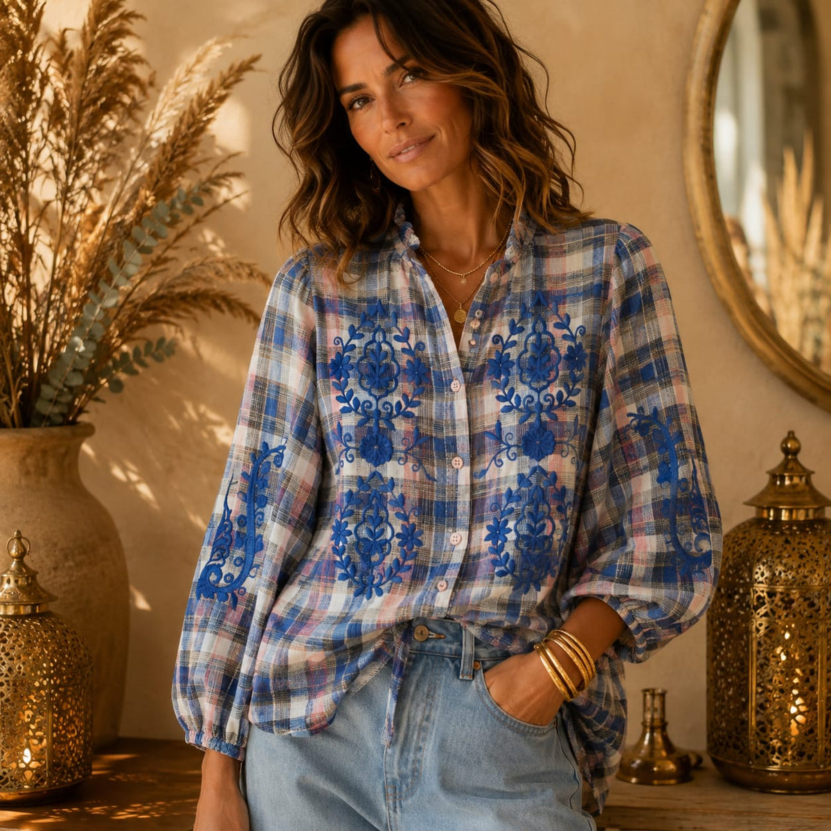 BLOUSE CARREAUX BRODÉE